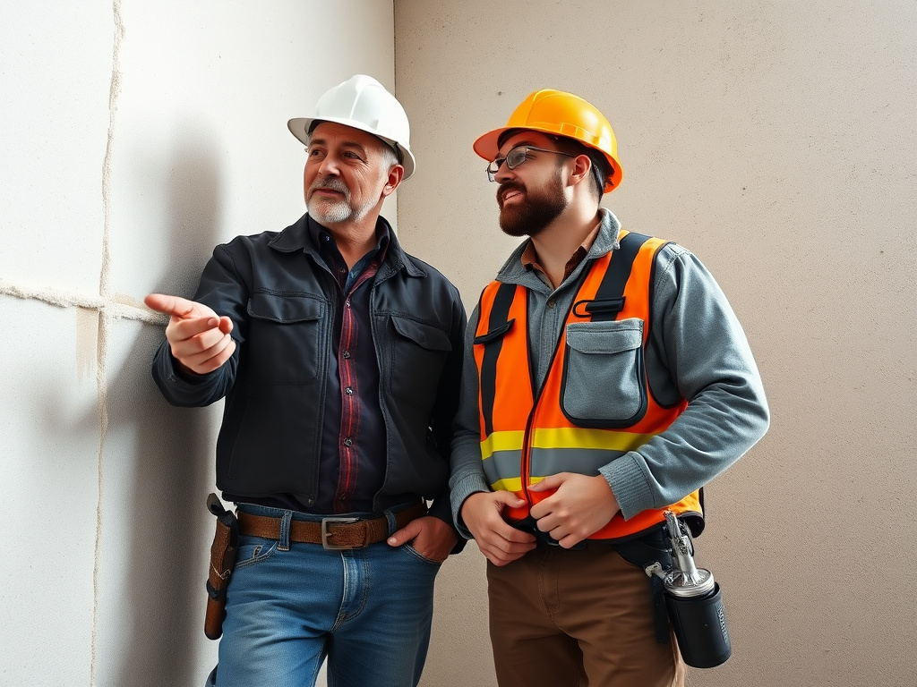 Mentor and contractor examining spray foam application together during a job-site ride-along