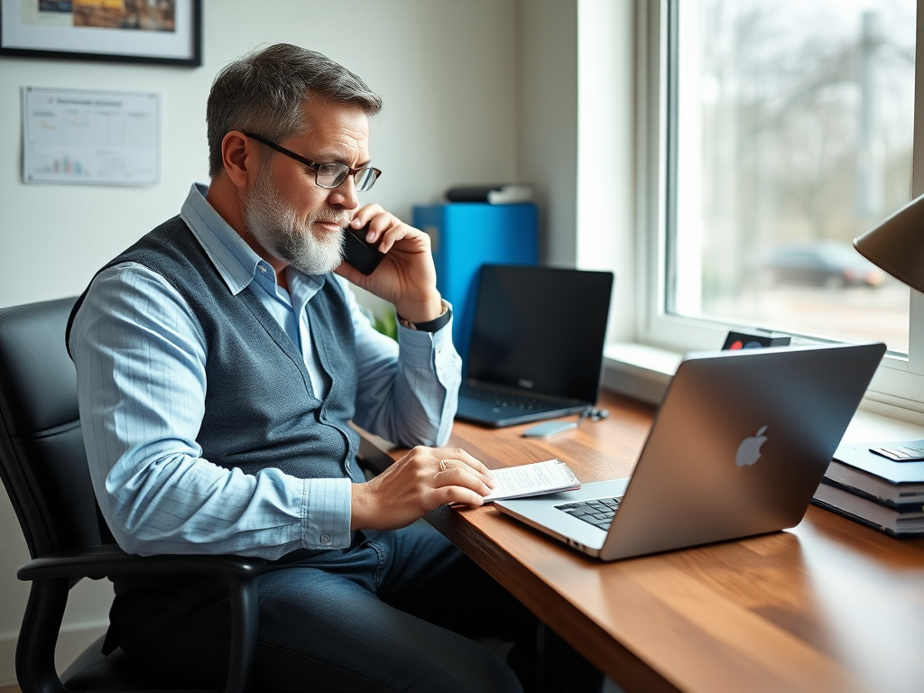 Spray foam business owner on a phone coaching call, taking notes at a desk